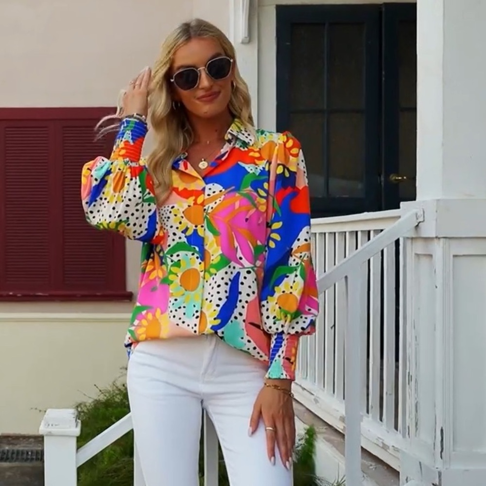 Women’s Loose V-Neck Lantern Sleeve Blouse Multi Print with Sunflowers 🌻